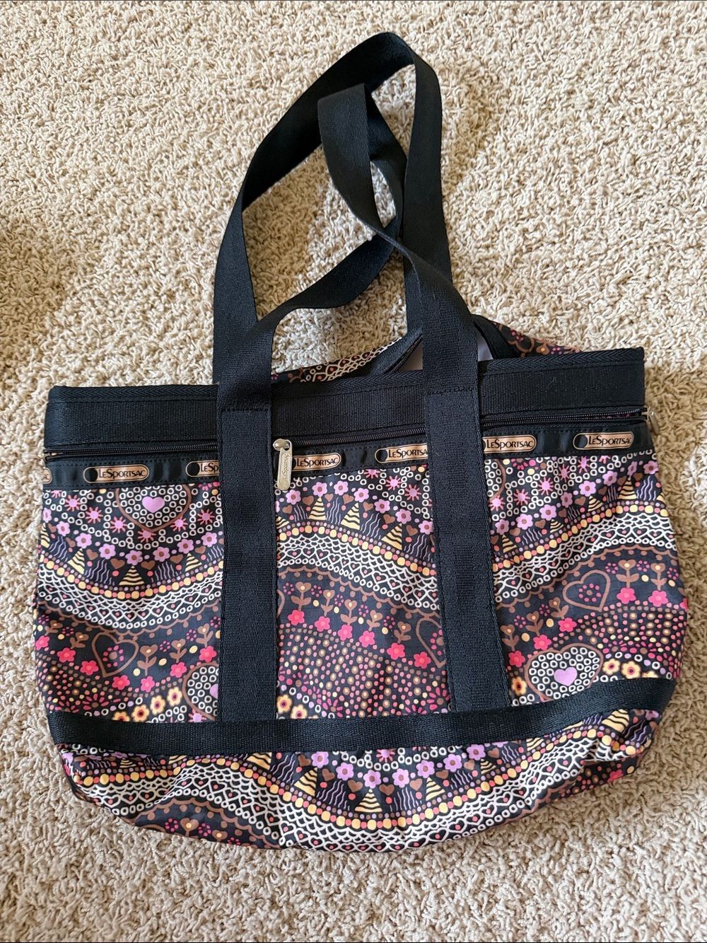 LeSportsac Black Floral Wave Print Tote with Pink & Purple Accents